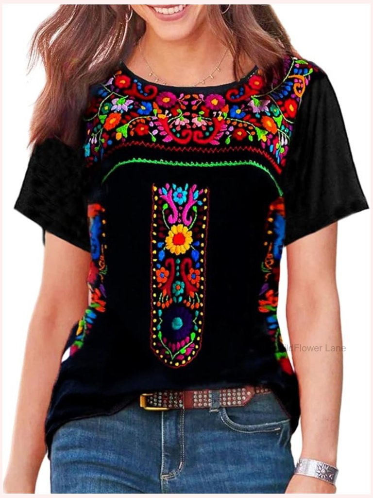 Mexican Embroidered Peasant Blouse Short Sleeve Fiesta Tops Floral Embroidery